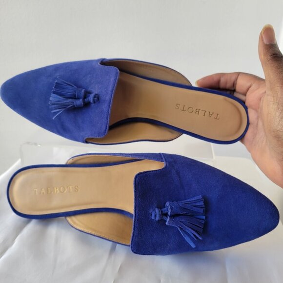 Talbots Blue Suede Leather Tassel Pointed Toe Mules (Size: 9½M) - Picture 10 of 13